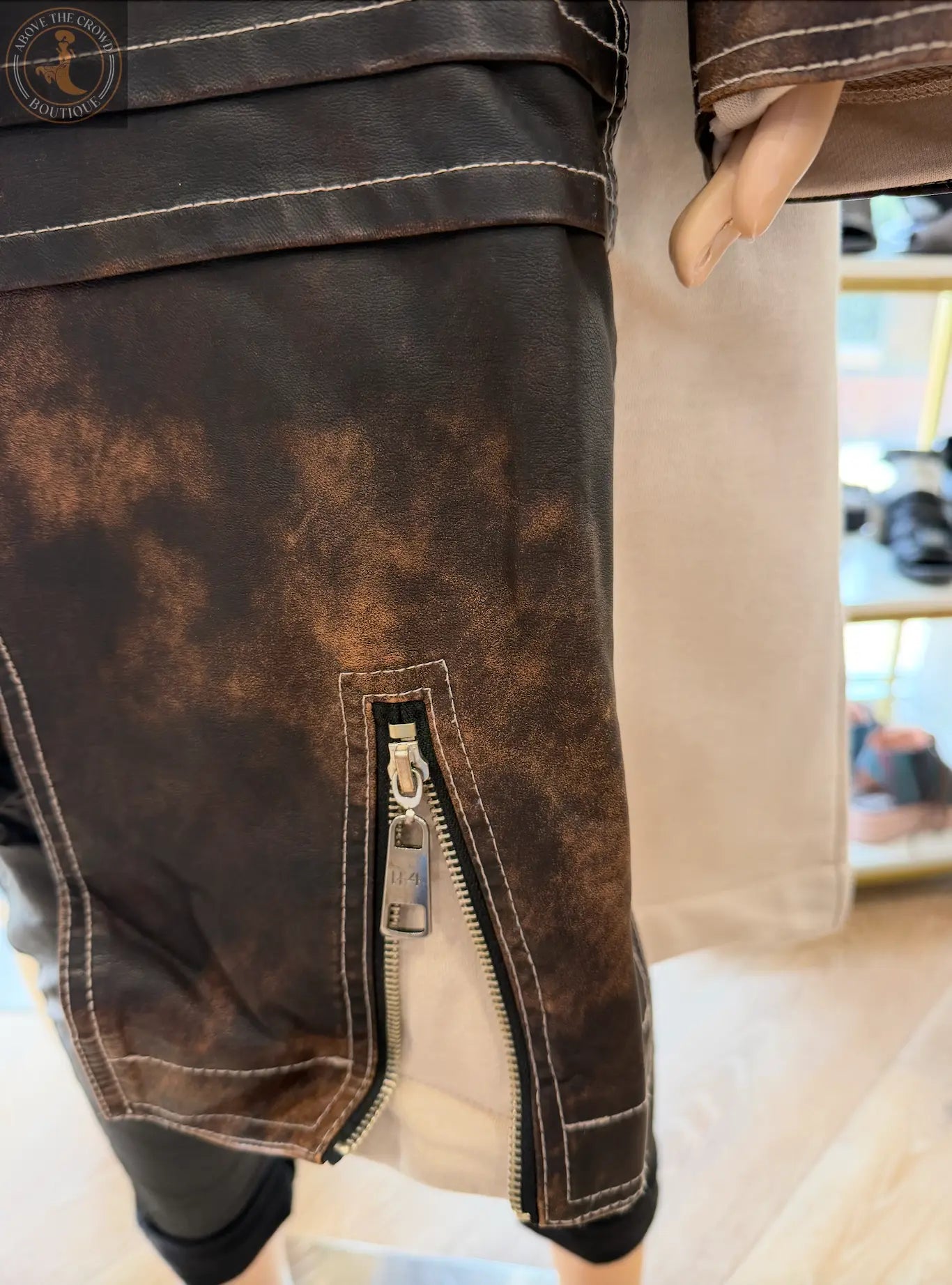 H-4 Contrast Panel Trench Coat 2783 – Beige with Distressed Brown Leather Finish H-4