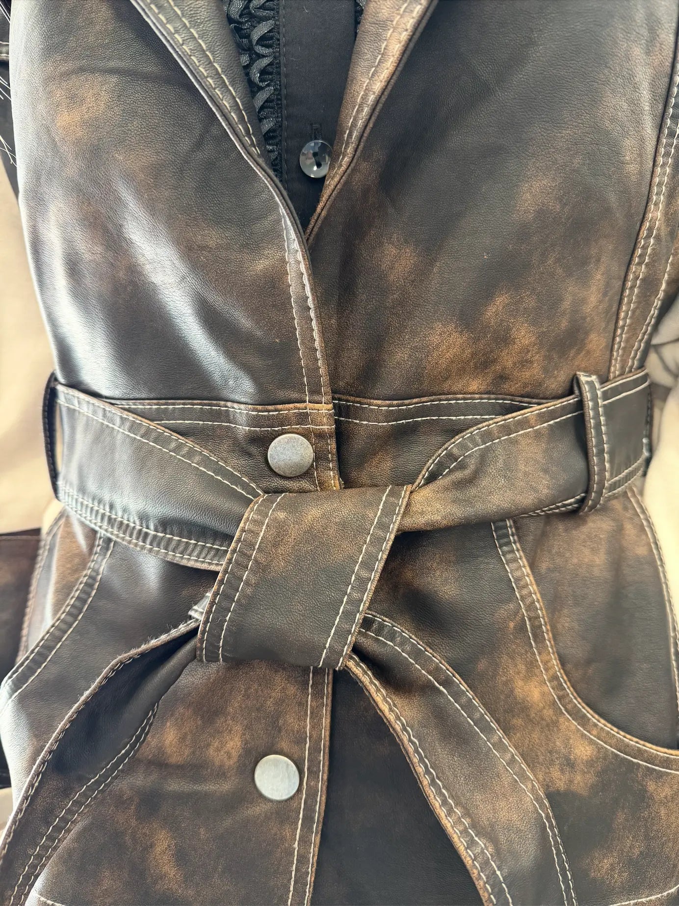 H-4 Contrast Panel Trench Coat 2783 – Beige with Distressed Brown Leather Finish H-4