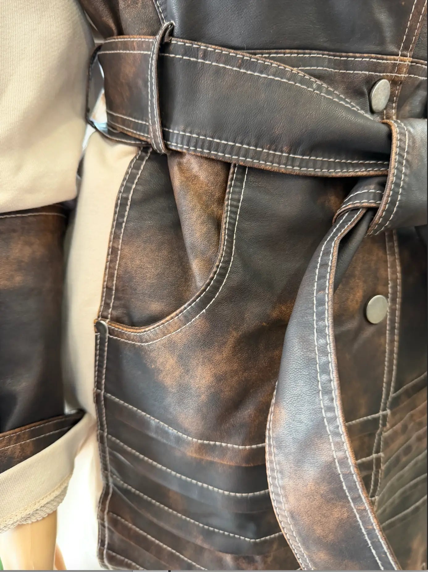 H-4 Contrast Panel Trench Coat 2783 – Beige with Distressed Brown Leather Finish H-4