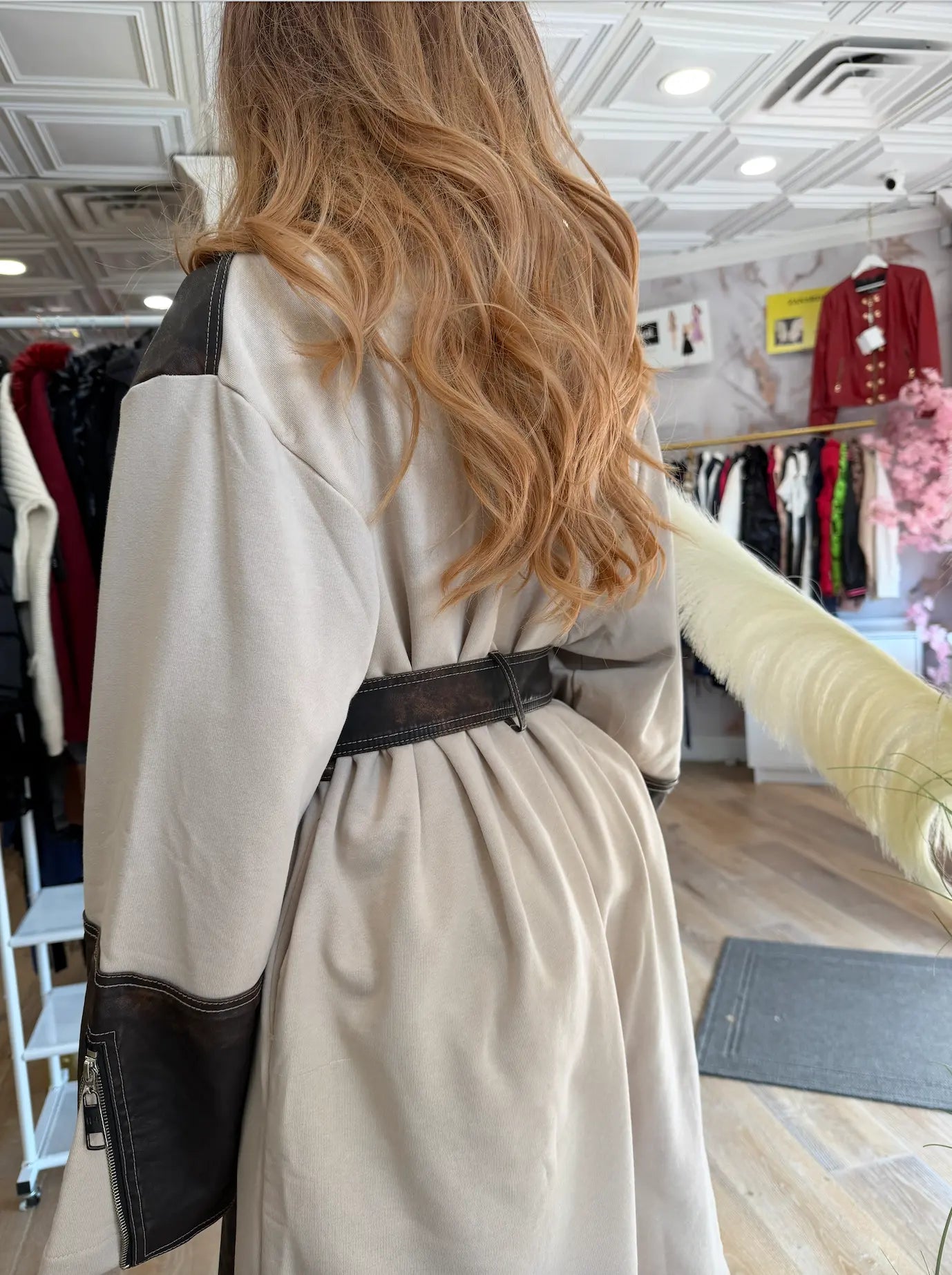 H-4 Contrast Panel Trench Coat 2783 – Beige with Distressed Brown Leather Finish H-4