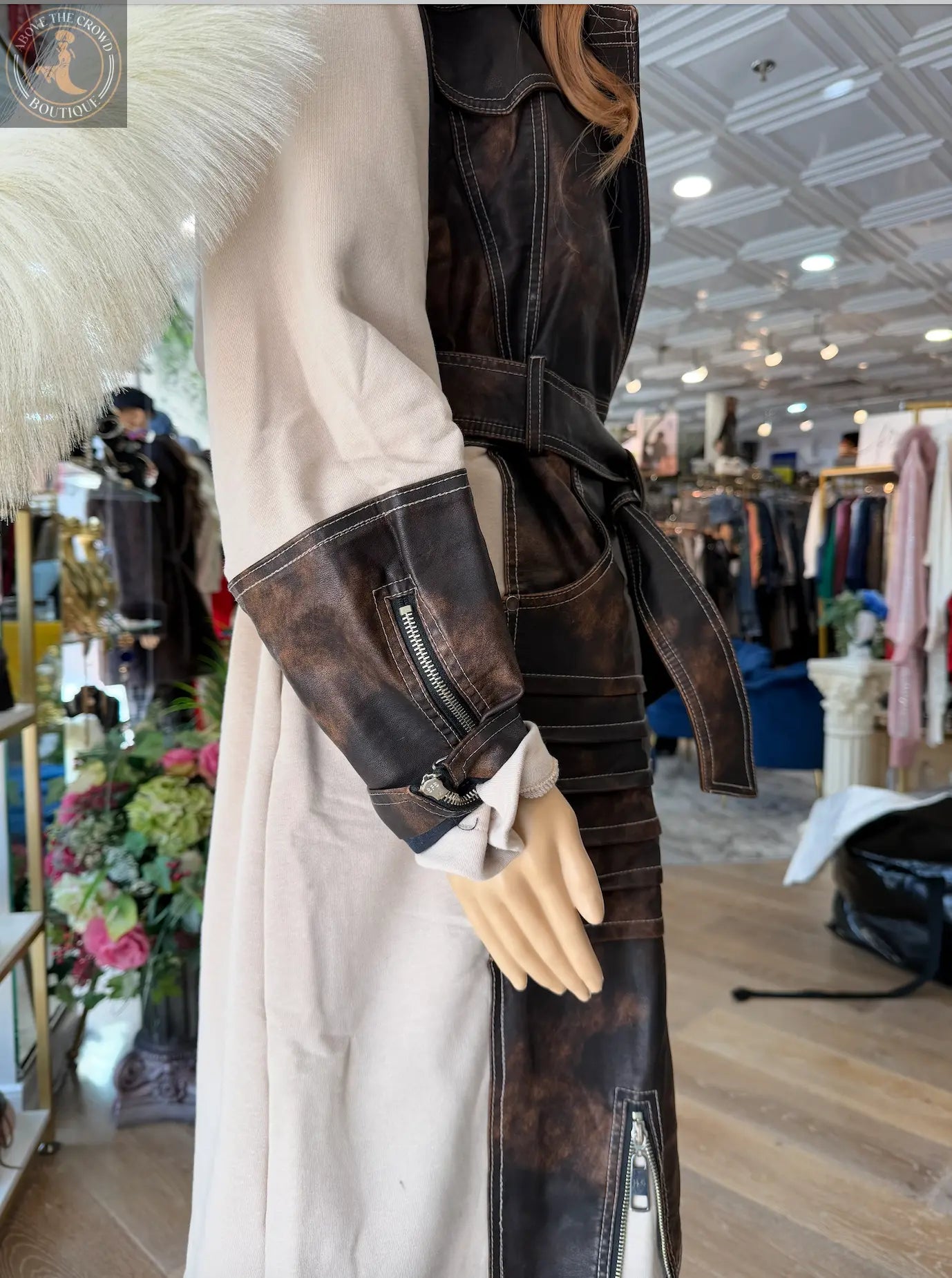 H-4 Contrast Panel Trench Coat 2783 – Beige with Distressed Brown Leather Finish H-4