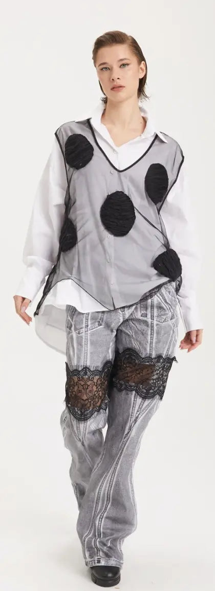 H-4 Grey Jeans With Lace Insertion 4021 H-4