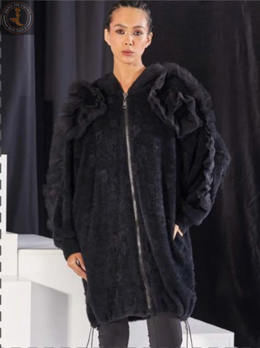 H-4 Oversized Black Textured Trench Coat 7052 with Ruffle Detail H-4