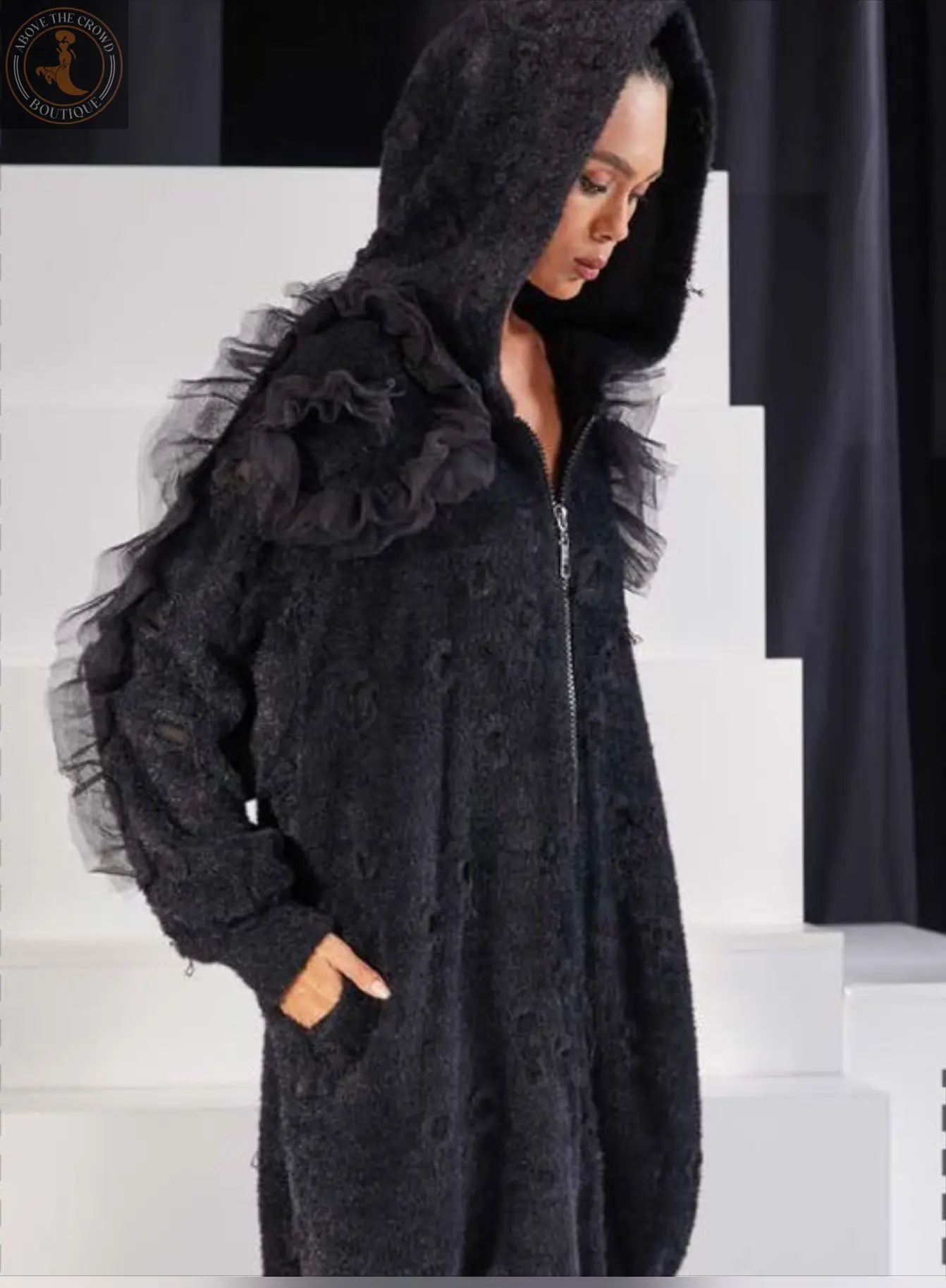 H-4 Oversized Black Textured Trench Coat 7052 with Ruffle Detail H-4