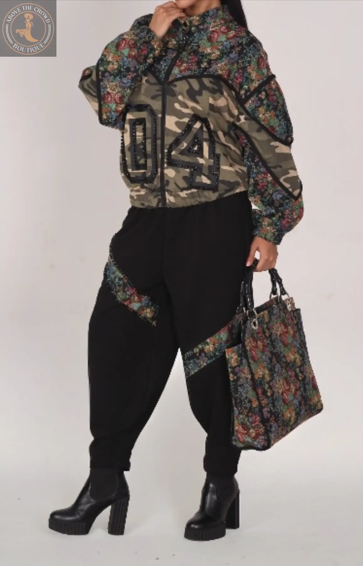 H-4 Pants 4727 — Black Tapered Pants with Floral Brocade Inserts H-4-Above the Crowd Boutique