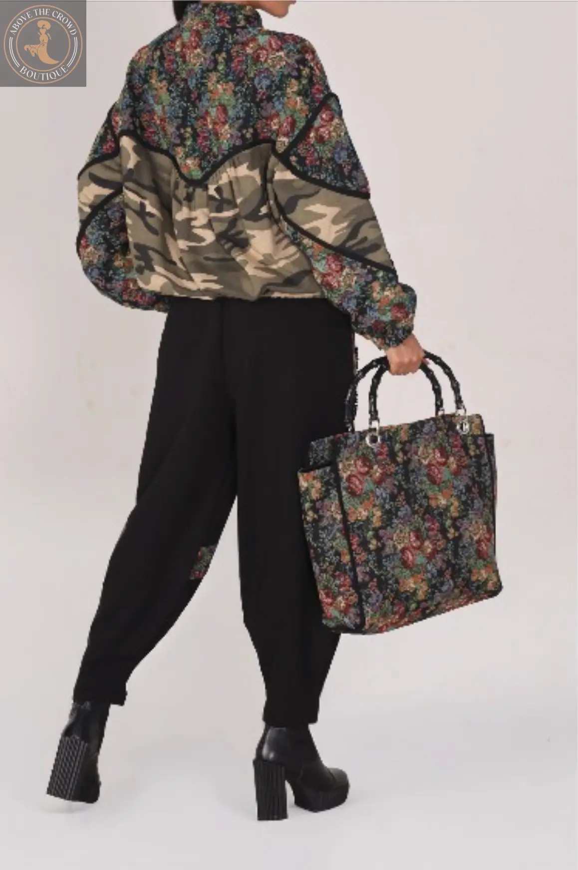 H-4 Pants 4727 — Black Tapered Pants with Floral Brocade Inserts H-4