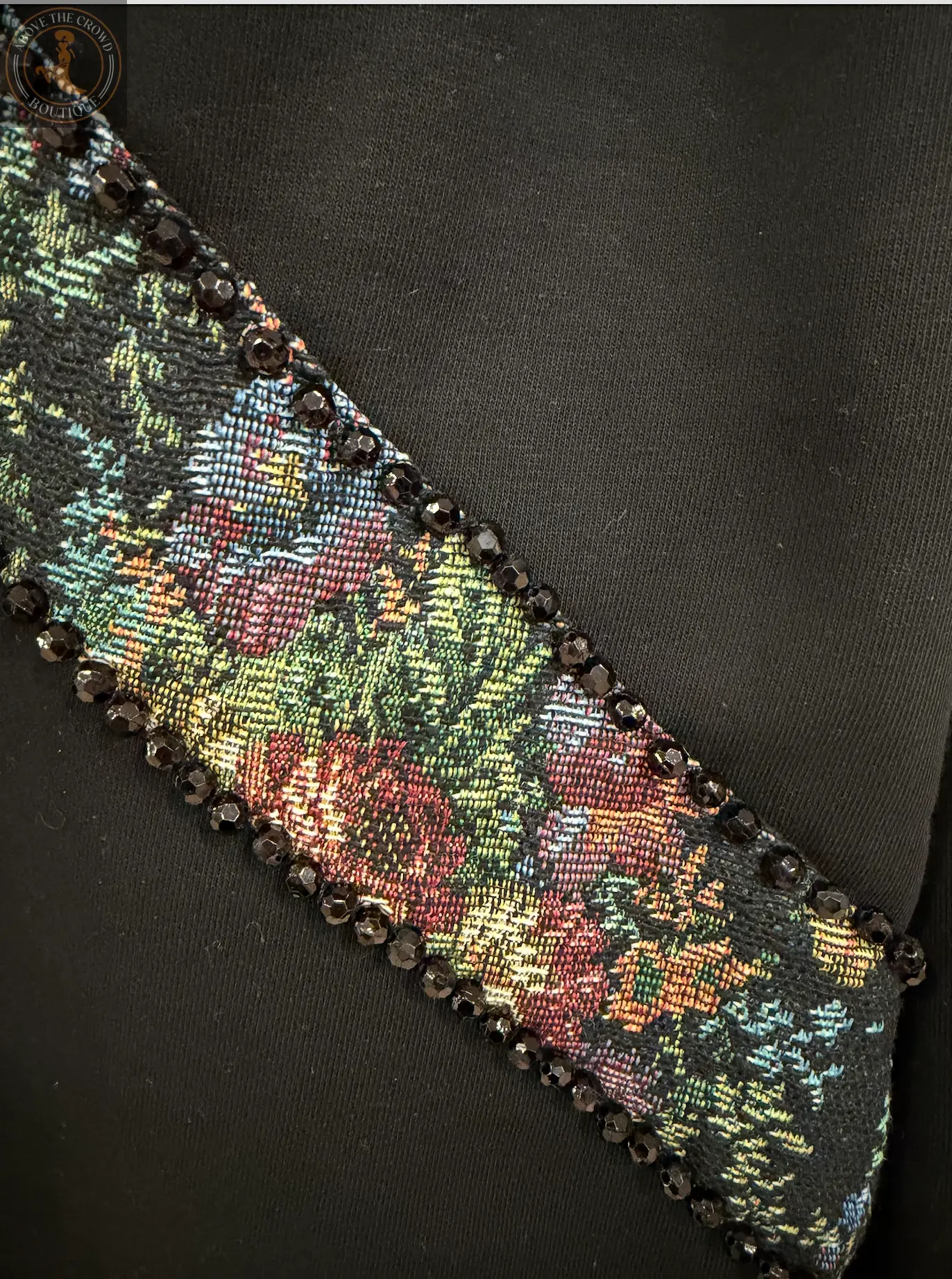 H-4 Pants 4727 — Black Tapered Pants with Floral Brocade Inserts H-4