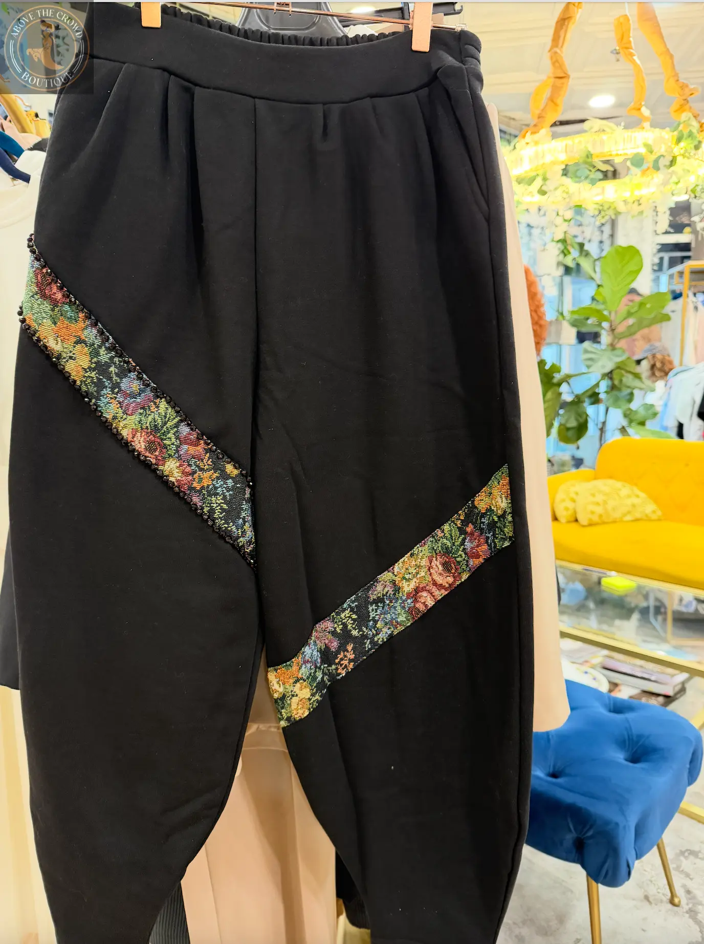 H-4 Pants 4727 — Black Tapered Pants with Floral Brocade Inserts H-4