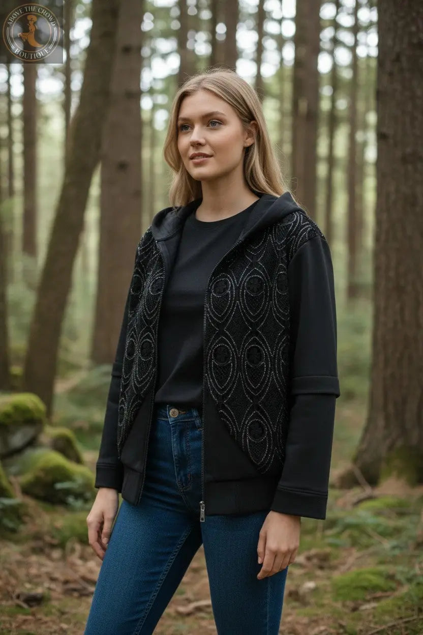 H-4 Sequin Embroidered Hoodie Sweatshirt 4724 H-4