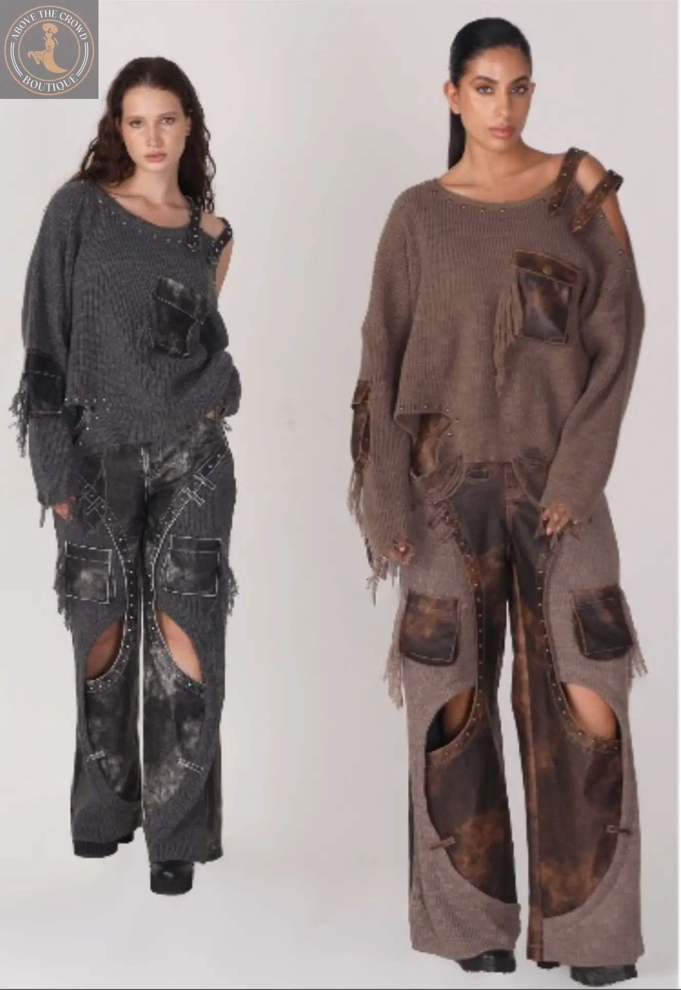 Two models wearing distressed, layered clothing on a white background