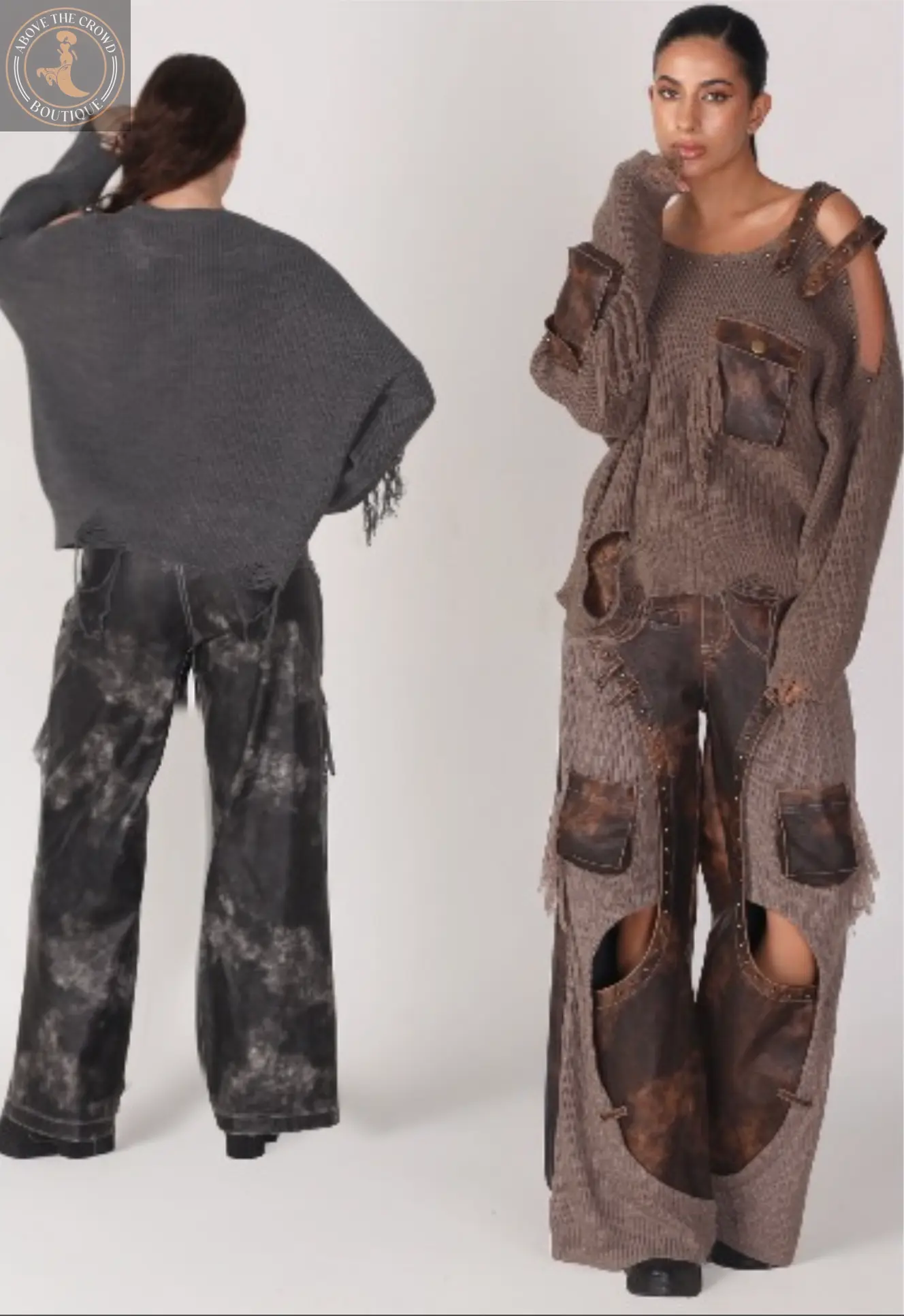 Two people wearing unique, patchwork-style outfits on a plain background