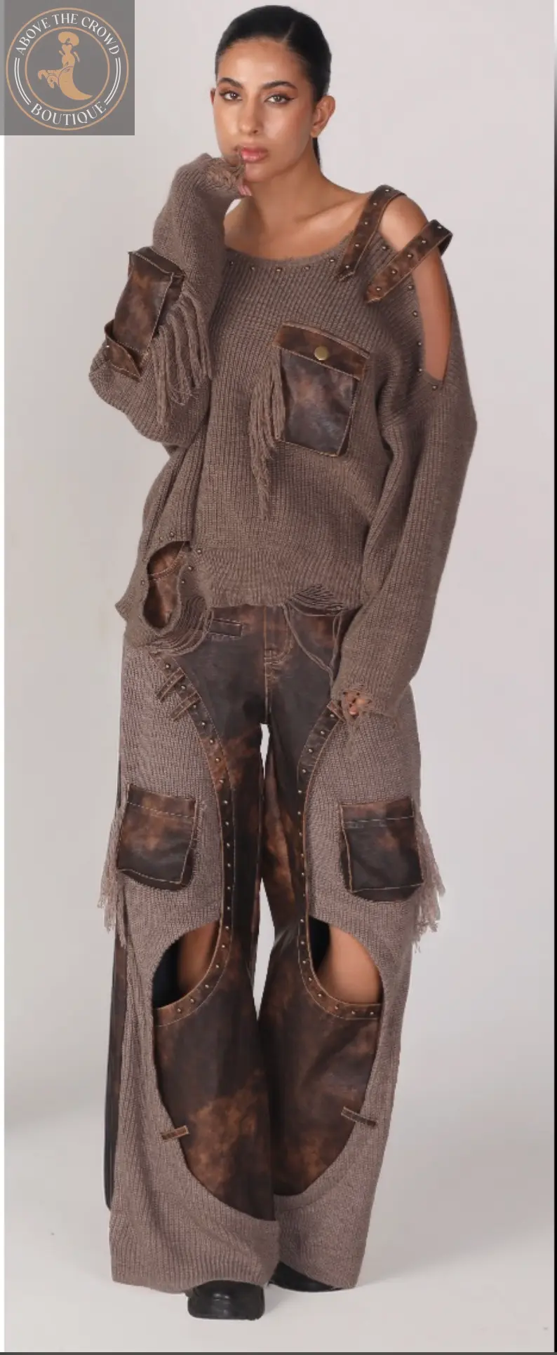 H-4 Sweatshirt 4705 — Distressed Knit and Leather Patch Sweater H-4