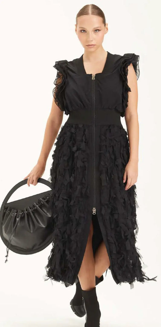 H-4 Women's Black Mesh Detail Midi Dress - Front Zip, Tailored Fit H-4