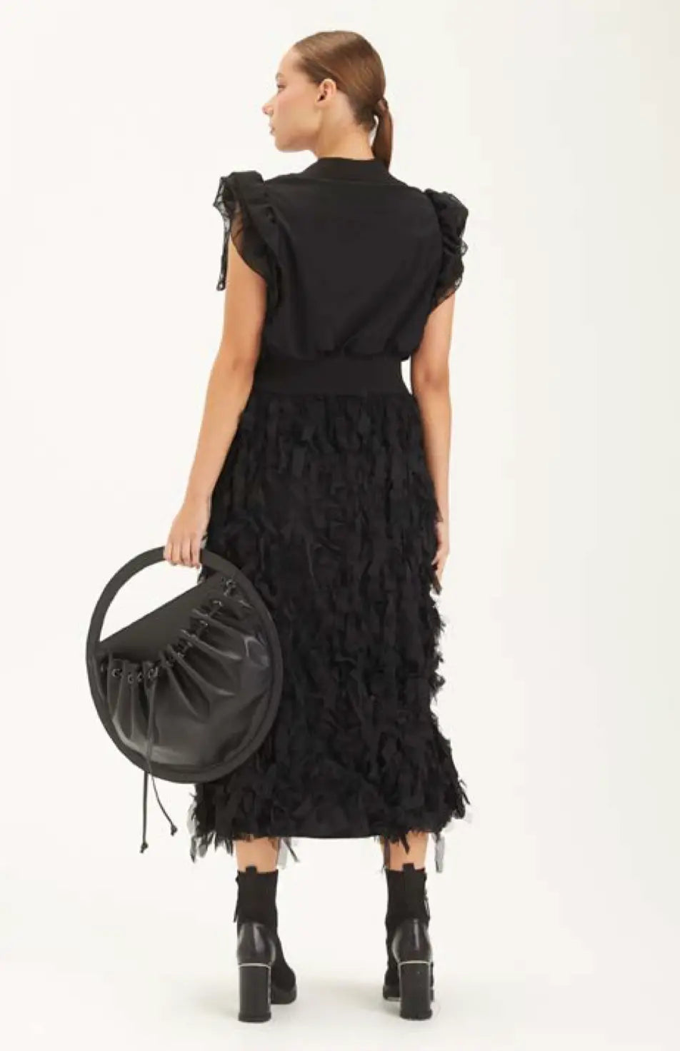 H-4 Women's Black Mesh Detail Midi Dress - Front Zip, Tailored Fit H-4