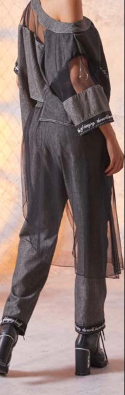 H-4 Women's Charcoal Grey Tapered Pantalone - Modern Street Style with Sheer Mesh Detail H-4