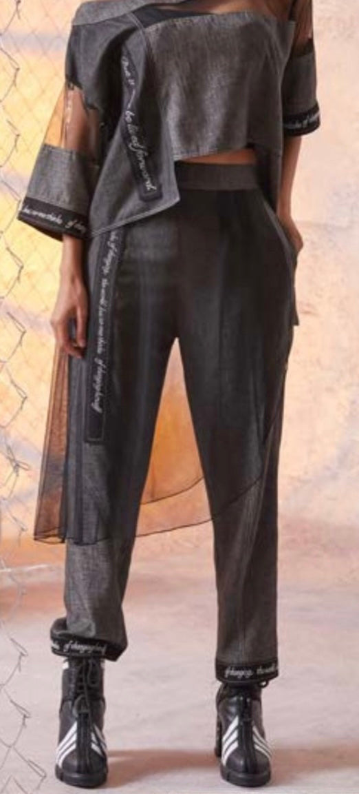 H-4 Women's Charcoal Grey Tapered Pantalone - Modern Street Style with Sheer Mesh Detail H-4