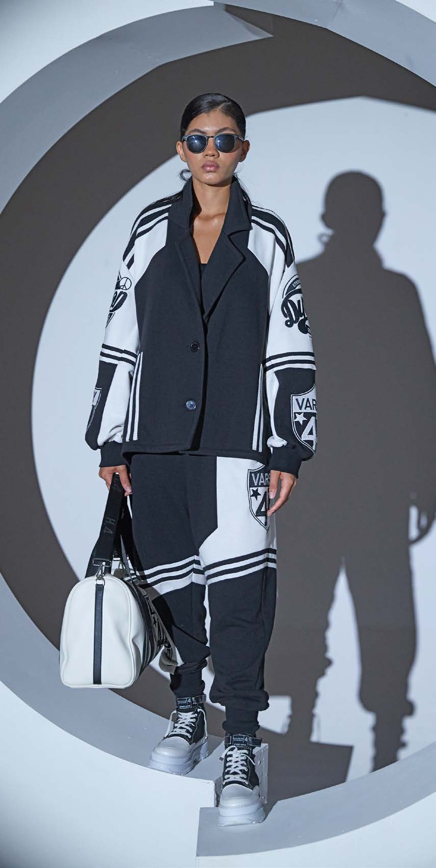 H-4 Women's Varsity Jacket - Black Knit with White Sleeves - European Style H-4