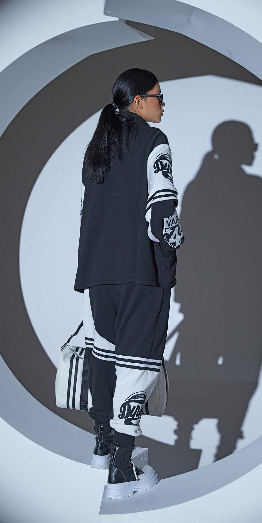 H-4 Women's Varsity Jacket - Black Knit with White Sleeves - European Style H-4