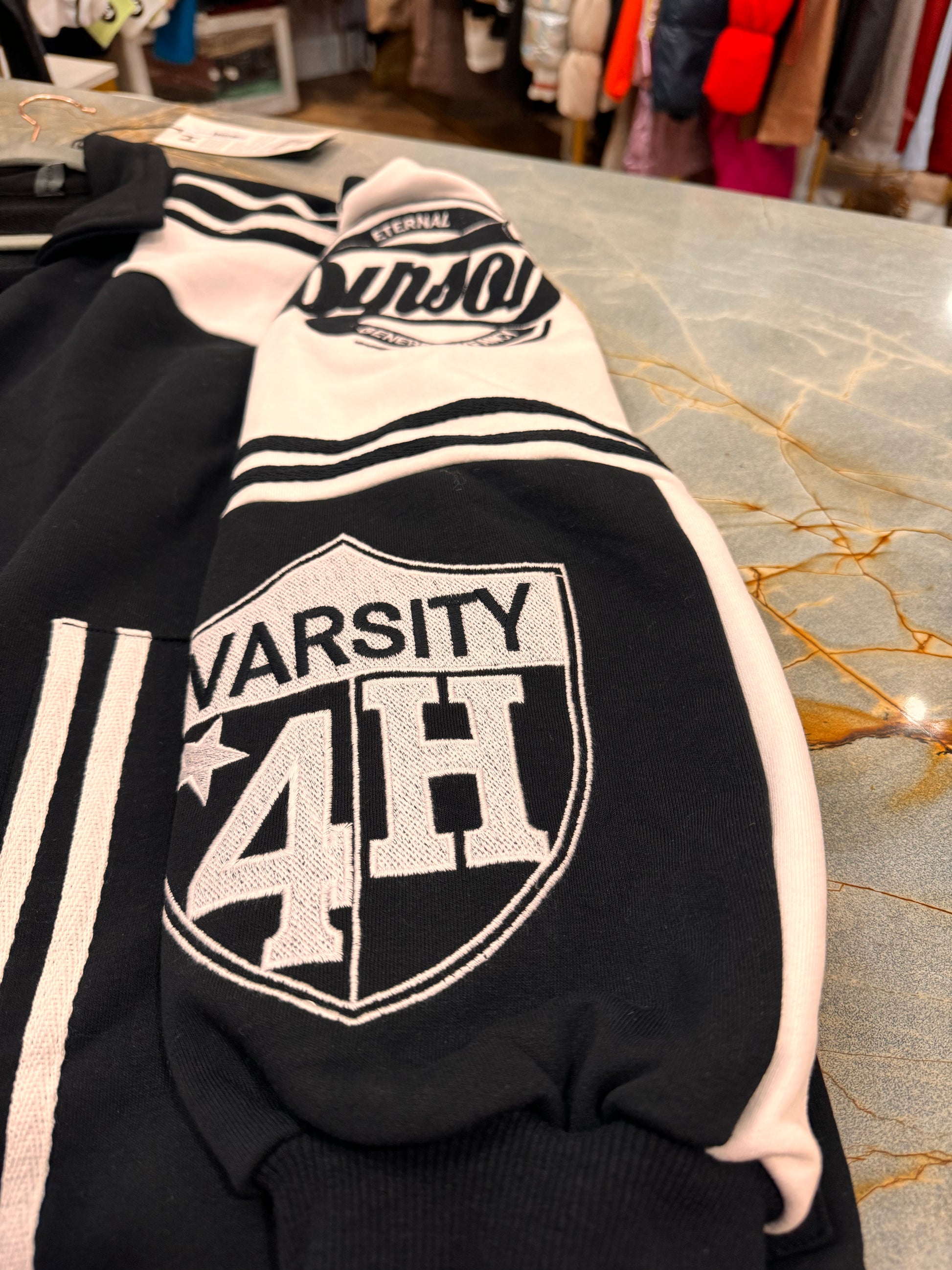 H-4 Women's Varsity Jacket - Black Knit with White Sleeves - European Style H-4