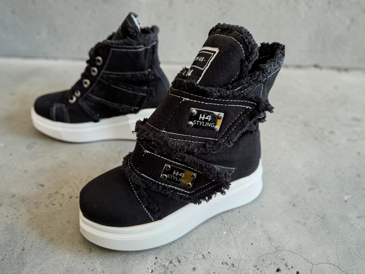 Black Distressed Denim Platform High-Top Boots - Above the Crowd Boutique
