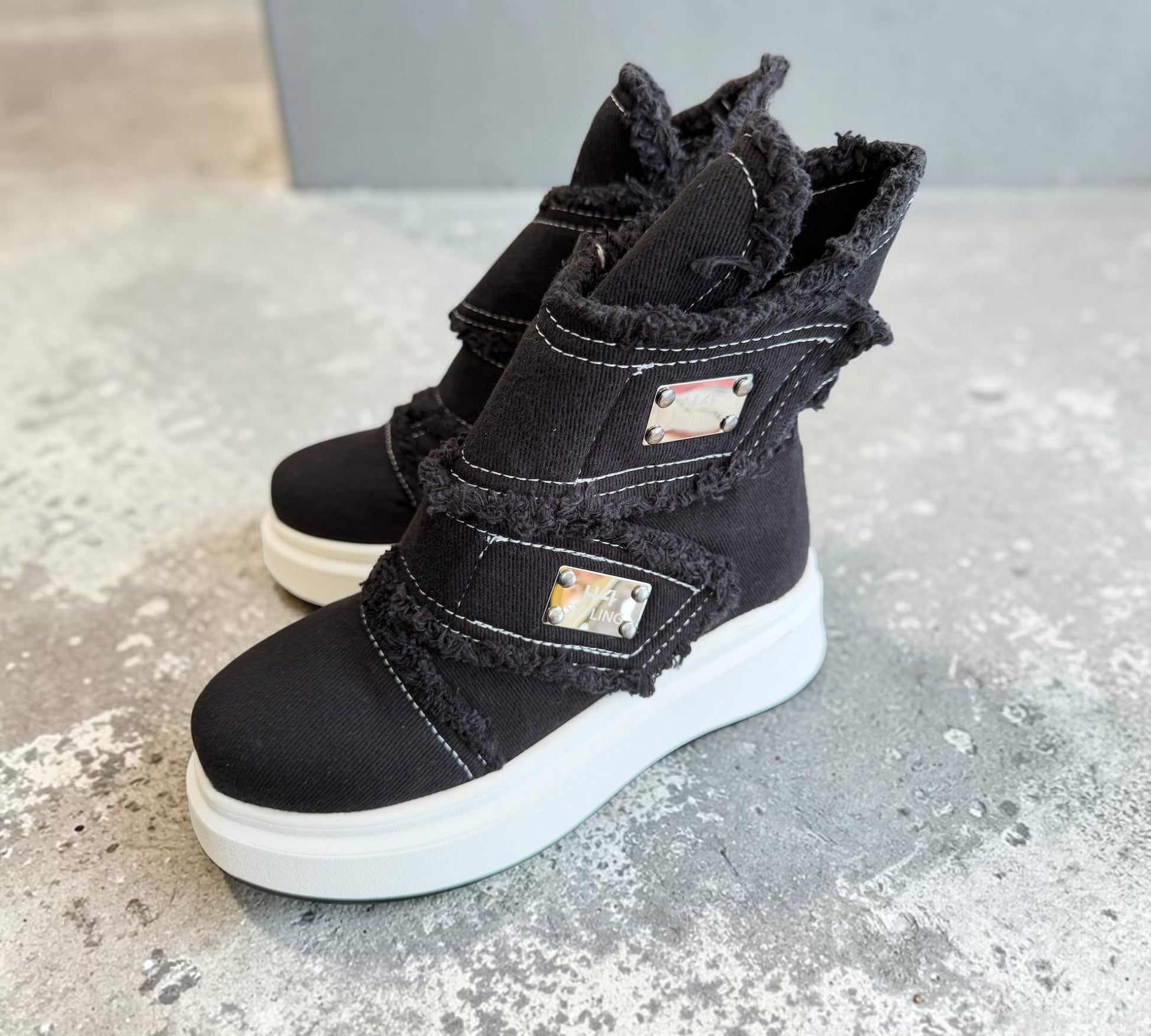 Black Distressed Denim Platform High-Top Boots - Above the Crowd Boutique