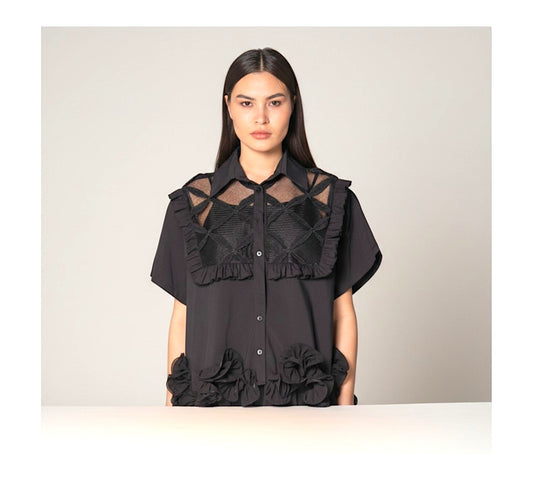 H-4 Blouse – Sheer Panel Ruffle Detail Top - Above the Crowd Boutique