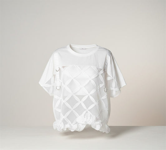 H-4 Blouse – Sheer Geometric Overlay T-Shirt - Above the Crowd Boutique