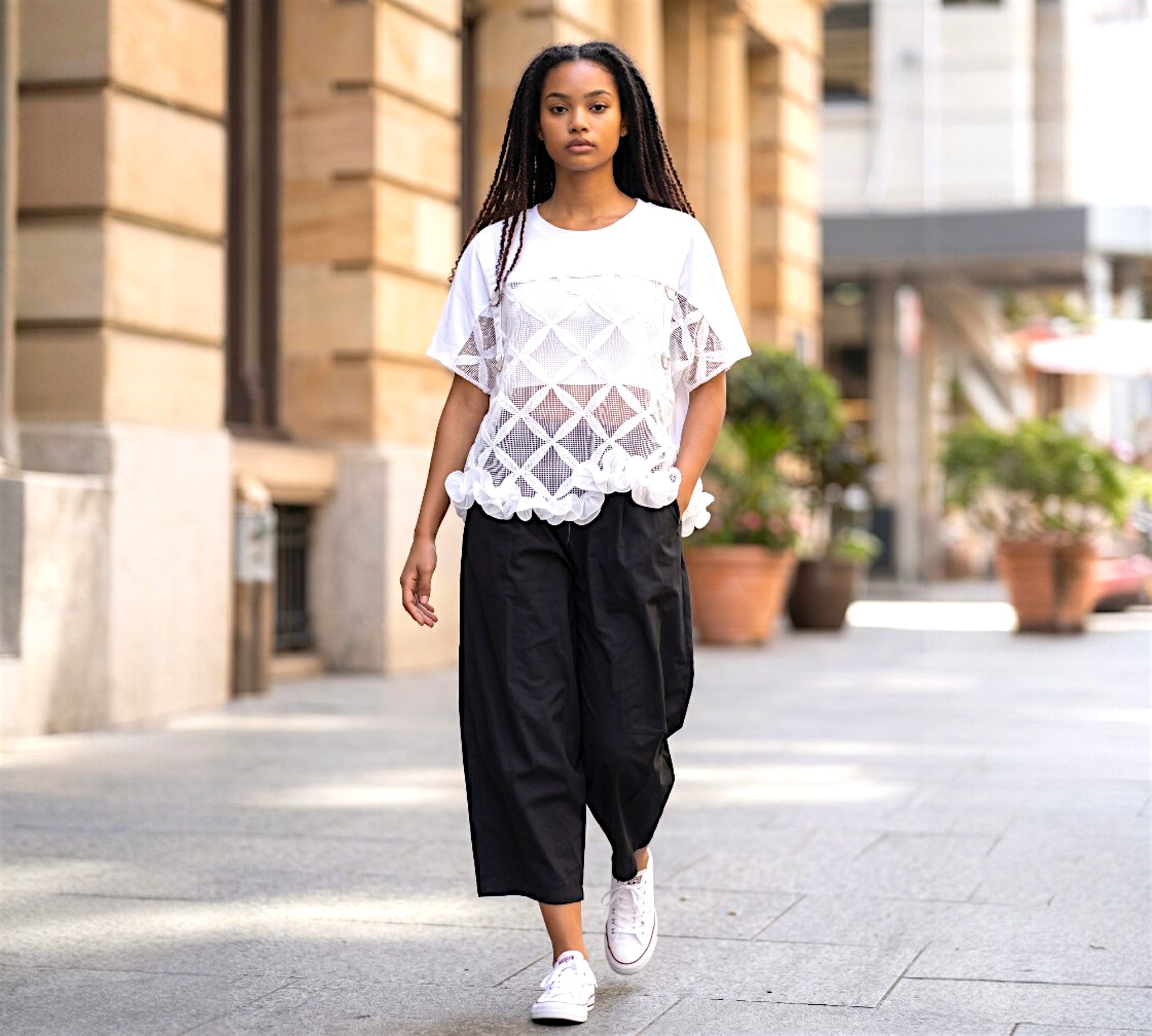 H-4 Blouse – Sheer Geometric Overlay T-Shirt - Above the Crowd Boutique