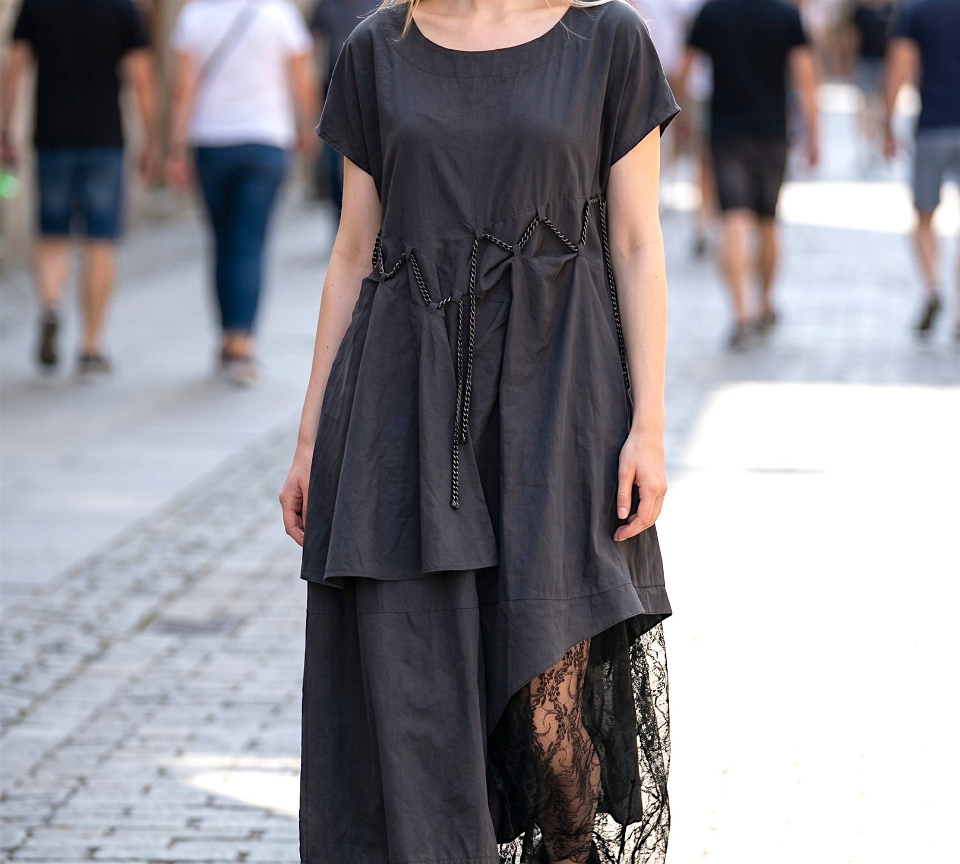 H-4 Dress – Asymmetrical Lace Layered Midi Dress Black / Medium