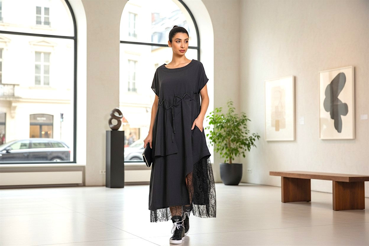 H-4 Dress – Asymmetrical Lace Layered Midi Dress Black / Medium