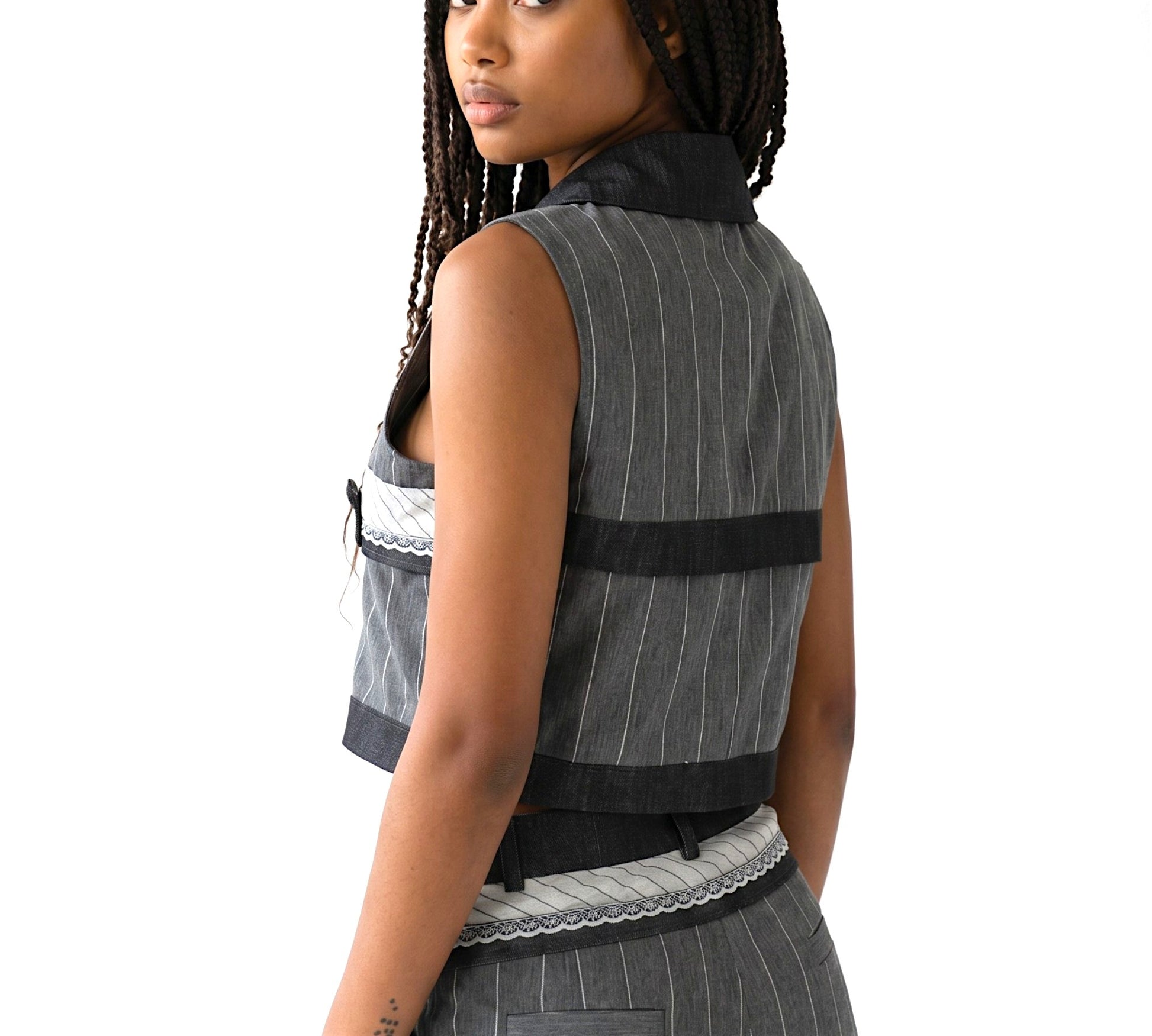 H-4 Pinstripe Cropped Tailored Vest - Above the Crowd Boutique