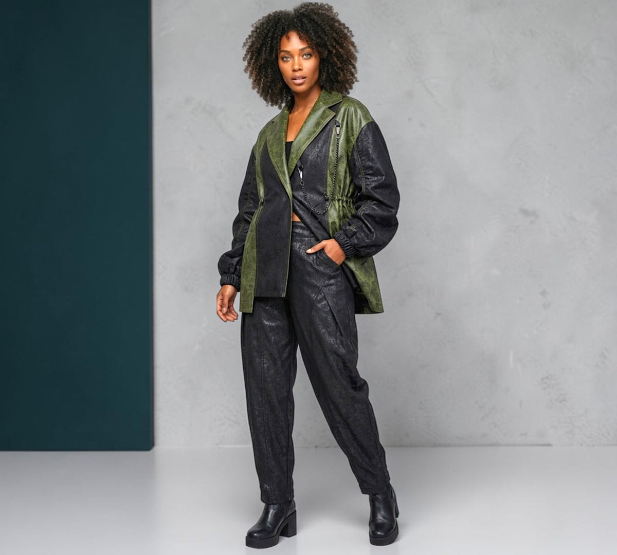 Two-Tone Black & Olive Drawstring Statement Jacket - Above the Crowd Boutique