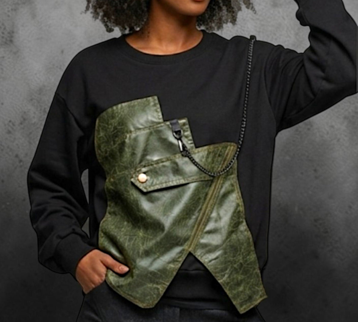 Black Sweatshirt with Olive Faux Leather Corset-Inspired Panel - Above the Crowd Boutique