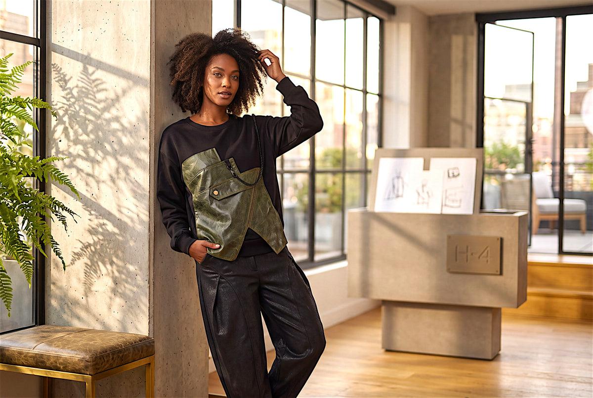 Black Sweatshirt with Olive Faux Leather Corset-Inspired Panel - Above the Crowd Boutique