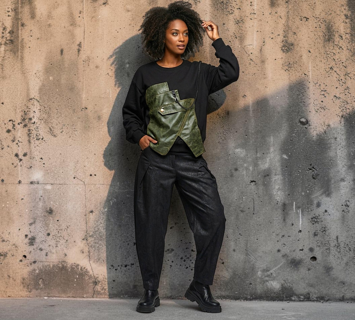 Black Sweatshirt with Olive Faux Leather Corset-Inspired Panel - Above the Crowd Boutique