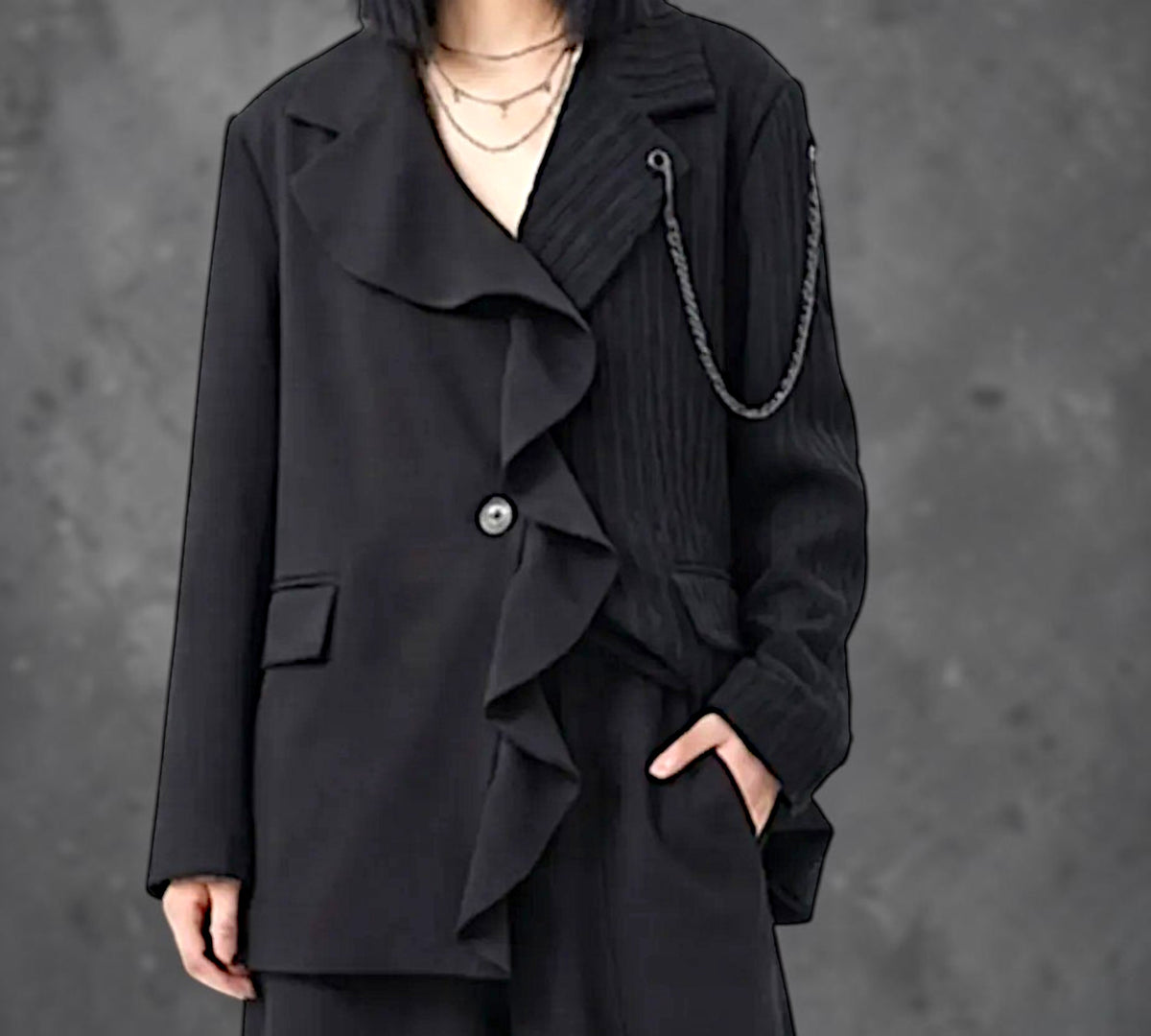 Black Asymmetric Mixed-Texture Ruffle Jacket with Chain Detail - Above the Crowd Boutique