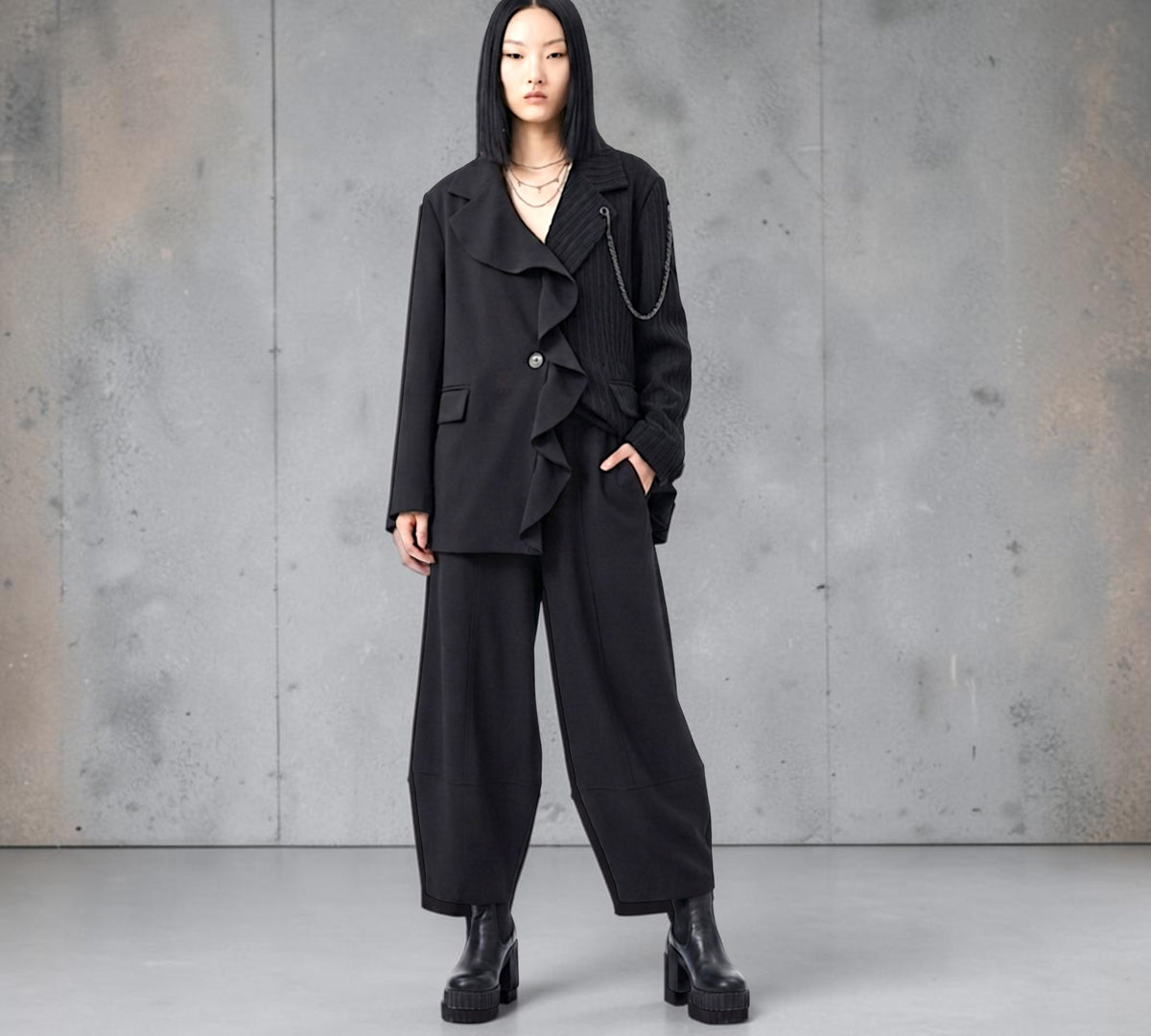 Black Asymmetric Mixed-Texture Ruffle Jacket with Chain Detail - Above the Crowd Boutique