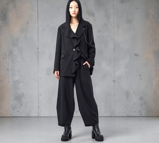 Black Asymmetric Mixed-Texture Ruffle Jacket with Chain Detail - Above the Crowd Boutique