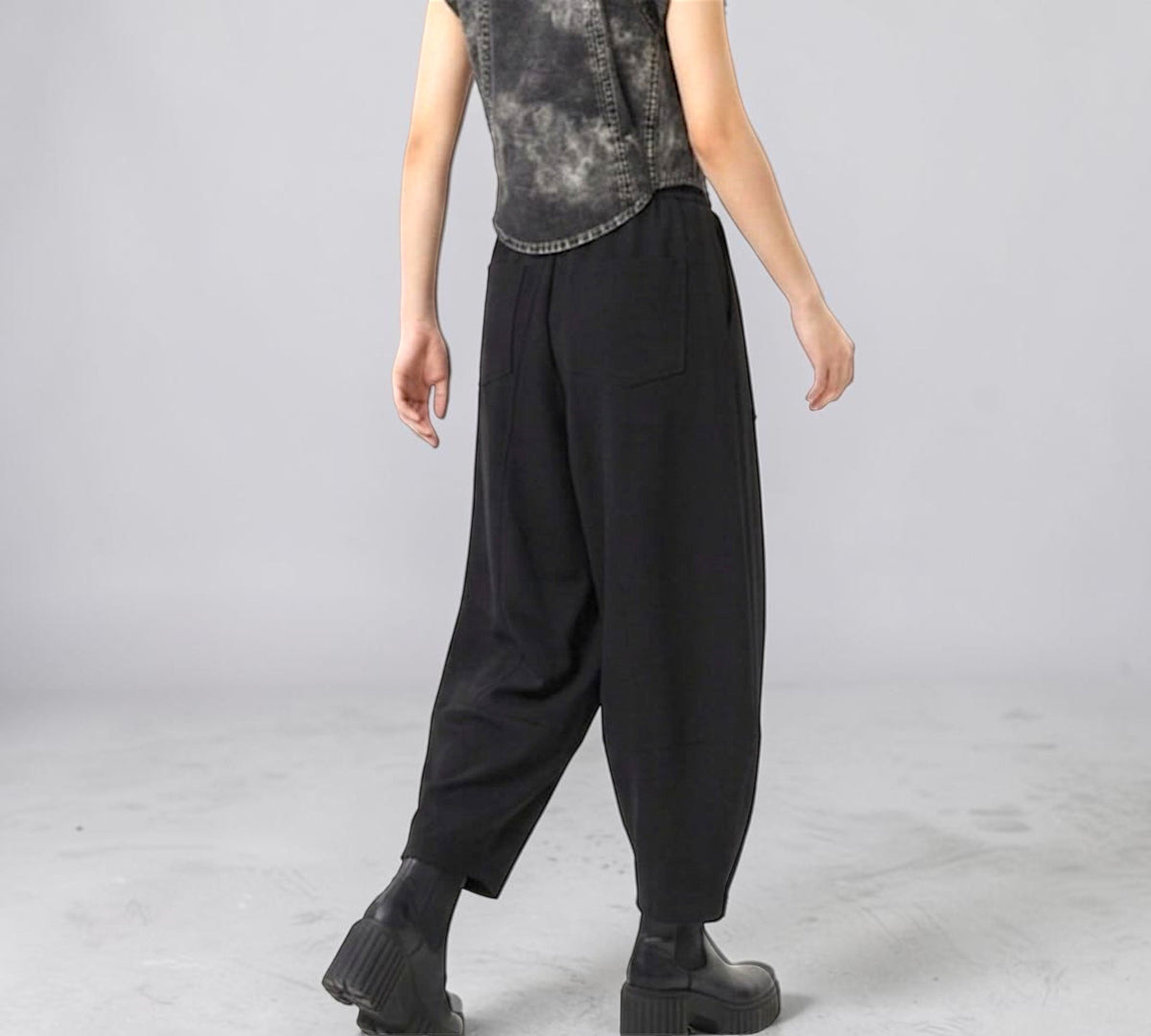 Black Sculptural Barrel-Leg Pants with Elastic Waist - Above the Crowd Boutique