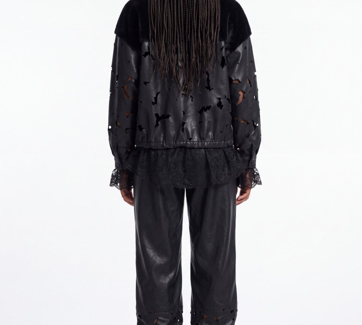 Black Distressed Faux Leather Jacket with Faux Fur Yoke And Lace Trim - Above the Crowd Boutique