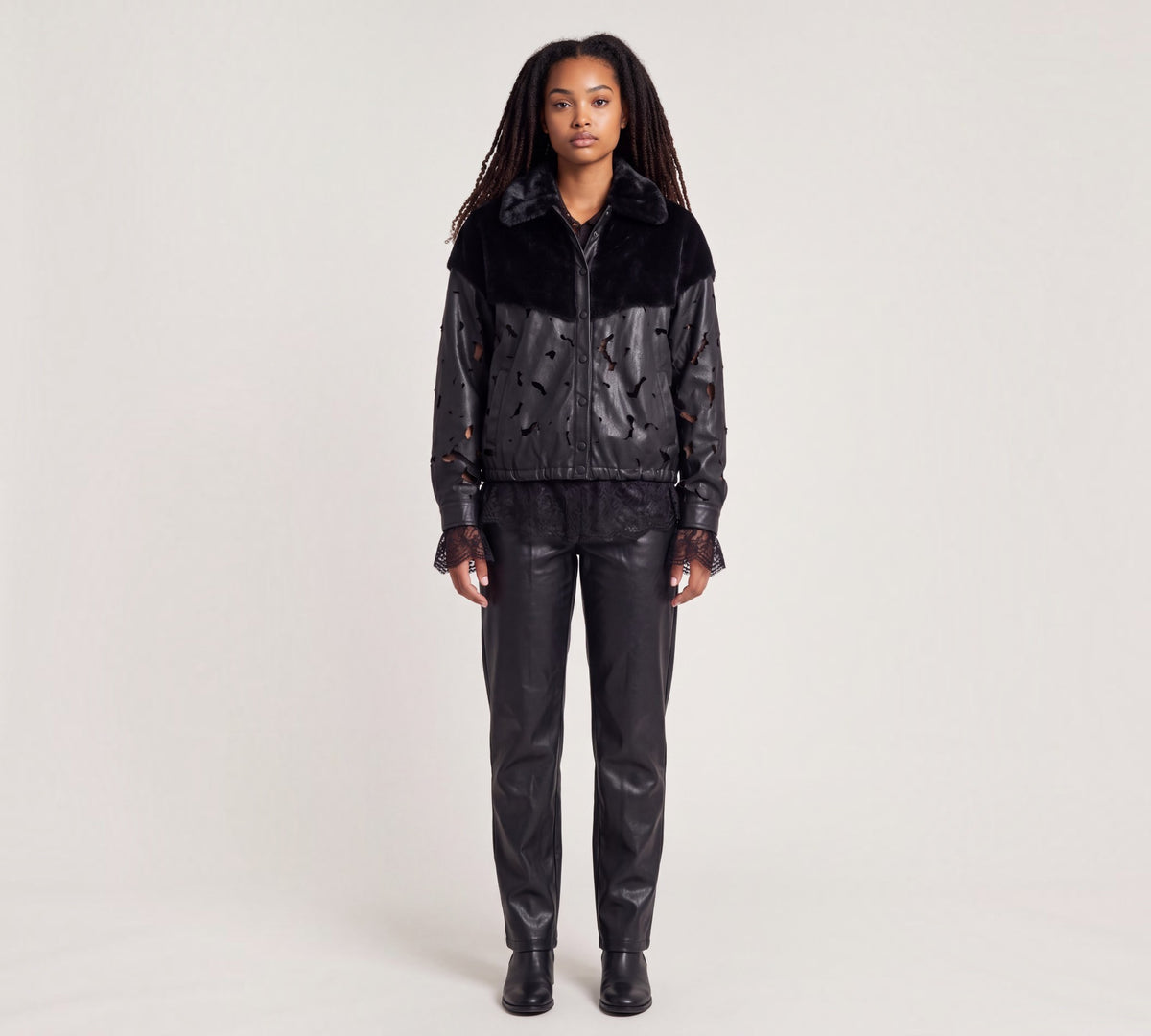 Black Distressed Faux Leather Jacket with Faux Fur Yoke And Lace Trim - Above the Crowd Boutique