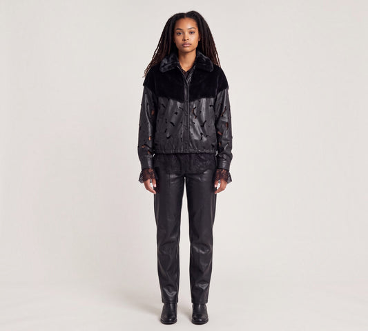 Black Distressed Faux Leather Jacket with Faux Fur Yoke And Lace Trim - Above the Crowd Boutique