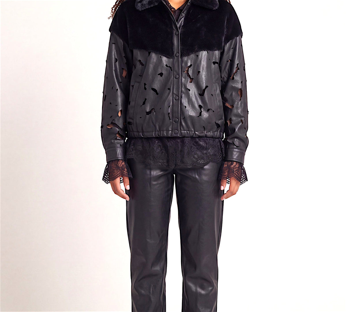 Black Distressed Faux Leather Jacket with Faux Fur Yoke And Lace Trim - Above the Crowd Boutique