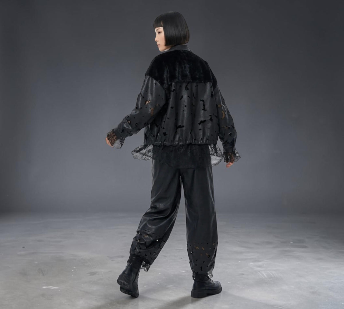 Black Distressed Faux Leather Jacket with Faux Fur Yoke And Lace Trim - Above the Crowd Boutique