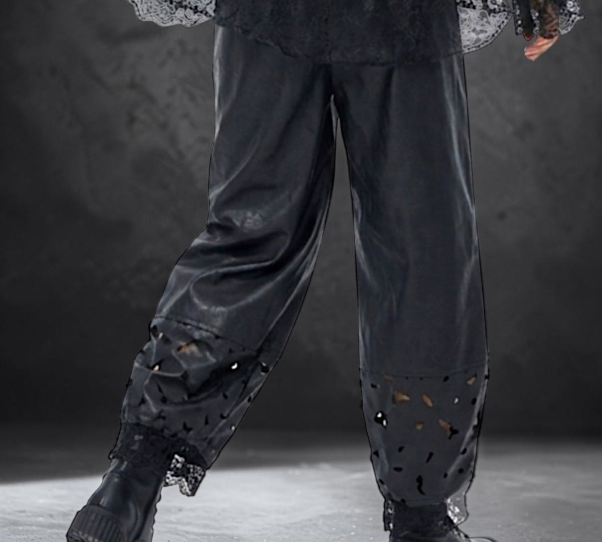 Black Distressed Faux Leather Barrel-Leg Pants with Cutout And Lace Detail Above the Crowd Boutique