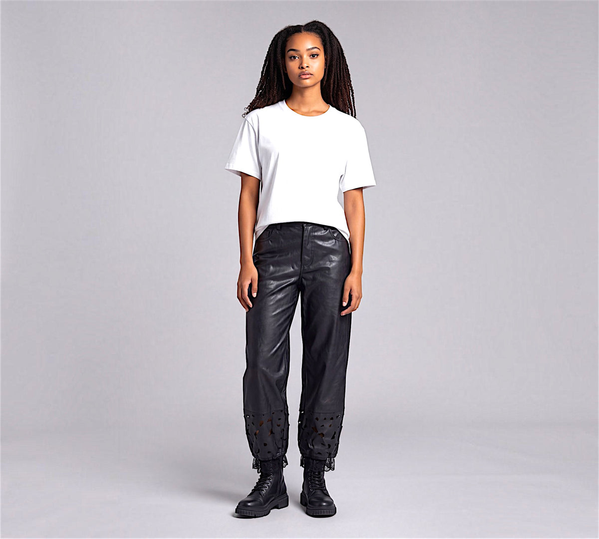 Black Distressed Faux Leather Barrel-Leg Pants with Cutout And Lace Detail Above the Crowd Boutique