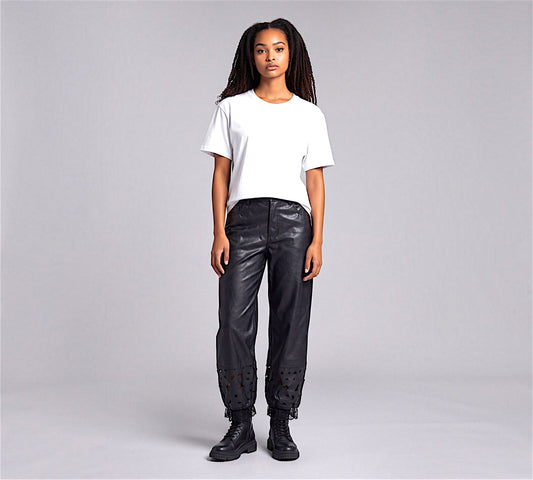 Black Distressed Faux Leather Barrel-Leg Pants with Cutout And Lace Detail Above the Crowd Boutique