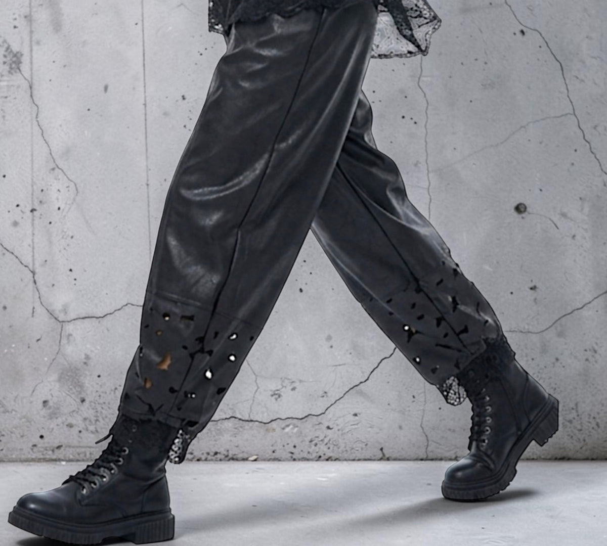 Black Distressed Faux Leather Barrel-Leg Pants with Cutout And Lace Detail Above the Crowd Boutique