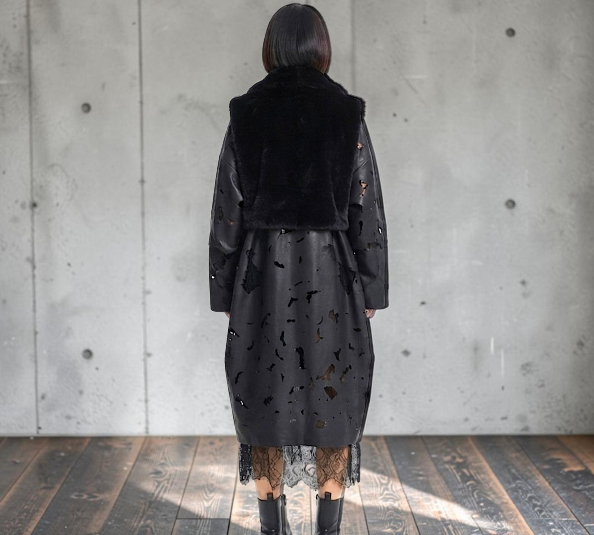 Black Distressed Faux Leather Trench Coat with Faux Fur And Lace Detail - Above the Crowd Boutique