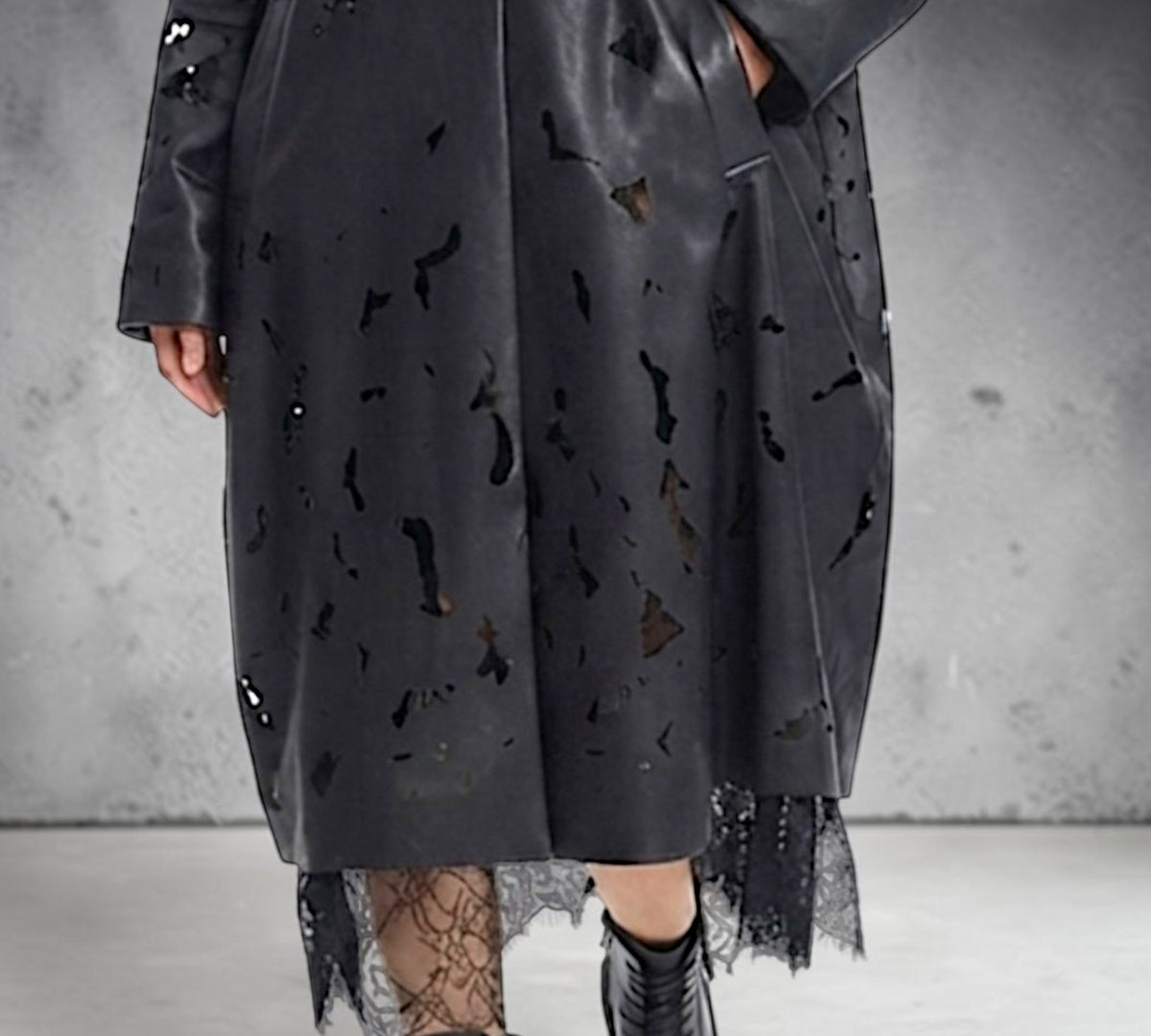 Black Distressed Faux Leather Trench Coat with Faux Fur And Lace Detail - Above the Crowd Boutique